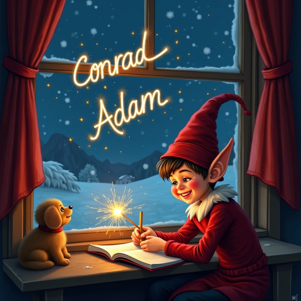 An elf in a red outfit sits at a window. The scene is lit by a starry night. Writing in a book with a sparkler. A small dog watches the magic. Outside is snowy. The elf shows delight and focus.