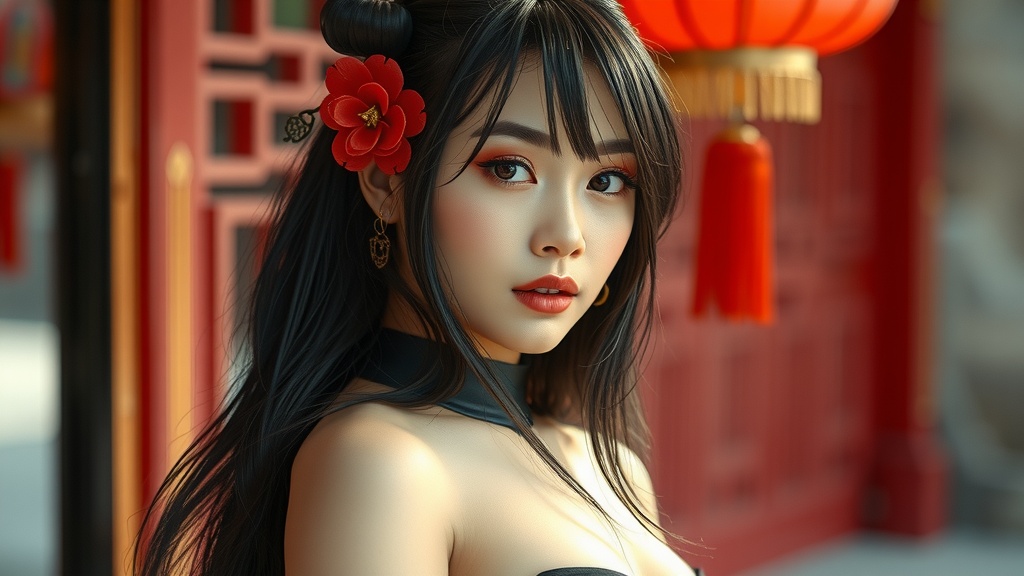 A woman with intricate hair decorations poses elegantly in front of a traditional red backdrop.