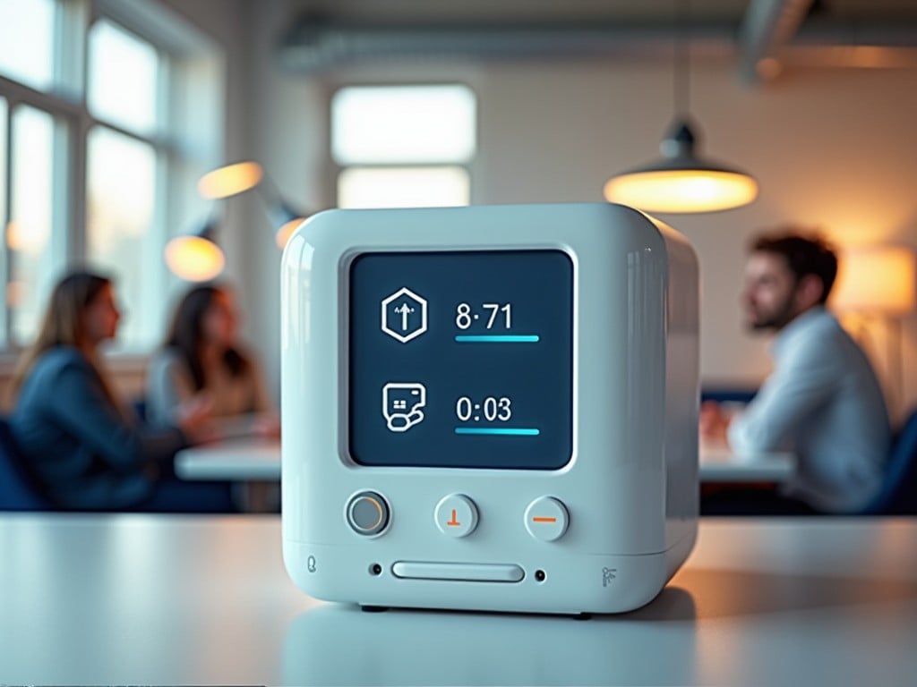 A modern smart home device with a digital interface, placed on a table in an office setting, with blurred figures of people in the background discussing.