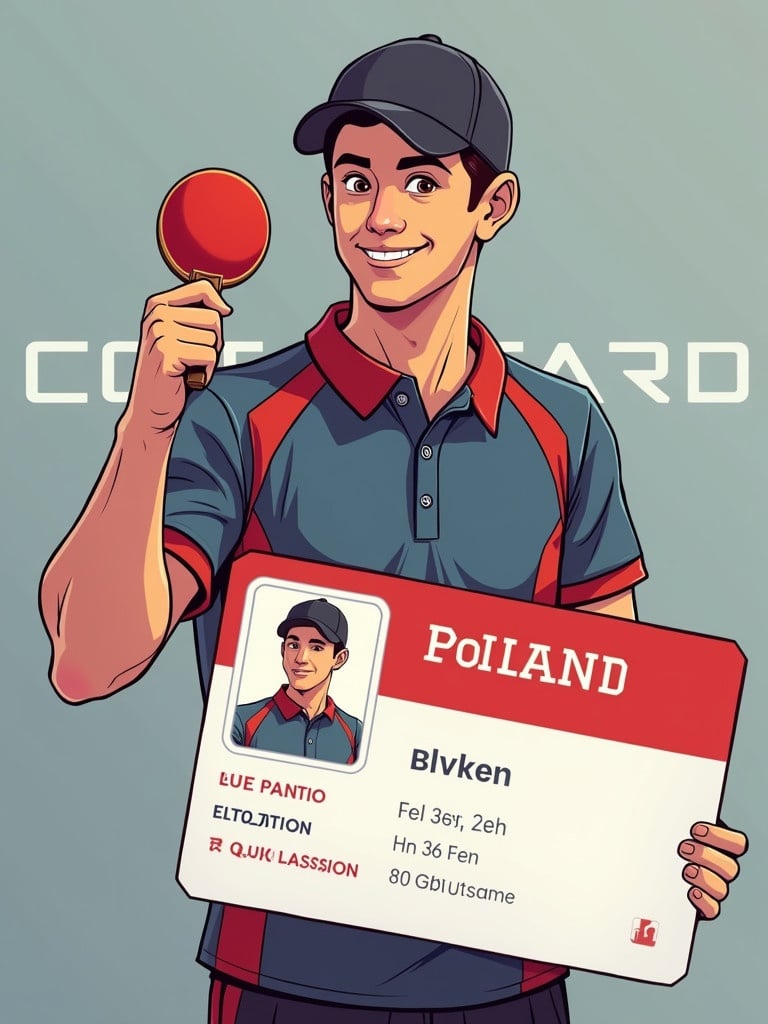 ID card design for Poland showcasing table tennis membership. Display personal identification elements and club affiliation. Features an individual holding a table tennis paddle.