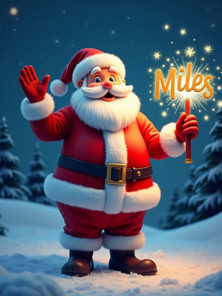 Jolly Santa Claus in snowy landscape holds magical wand with sparkles. He wears red suit with white fur trim and hat. His eyes twinkle with joy. Snow-covered evergreen trees and starry night sky in background create a festive atmosphere.