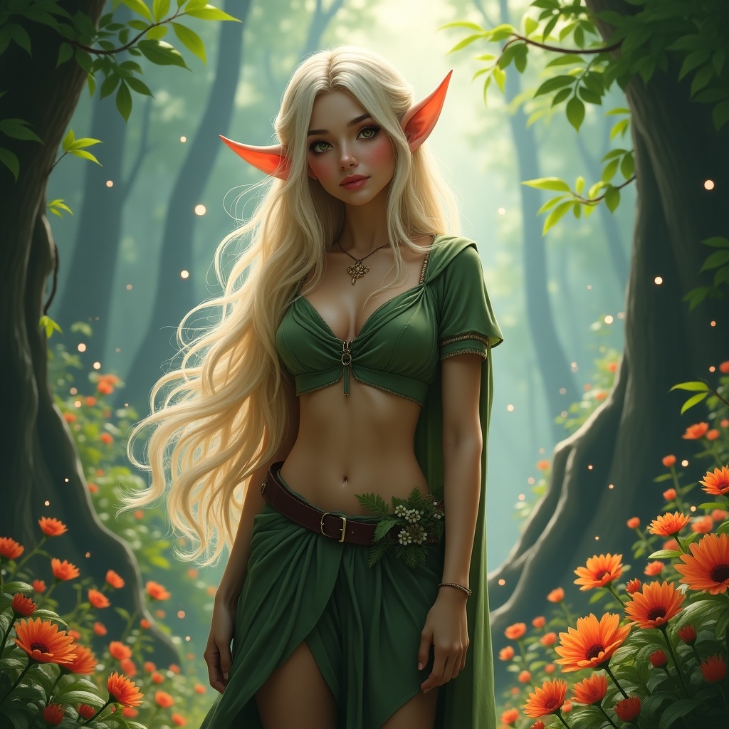 The image depicts a beautiful elven woman standing in an enchanted forest. She has long, flowing blonde hair and distinctive pointed ears. The elf wears a green outfit that compliments her surroundings, looking both graceful and powerful. Surrounded by vibrant flowers and lush greenery, she embodies the spirit of nature. Soft sunlight filters through the trees, creating a magical atmosphere around her.