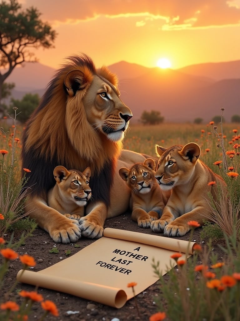 A lion father lays with his three cubs in a field of flowers at sunset. Mountains are in the background. A scroll lies beside them with the words A MOTHER'S BOND LAST FOREVER written on it.