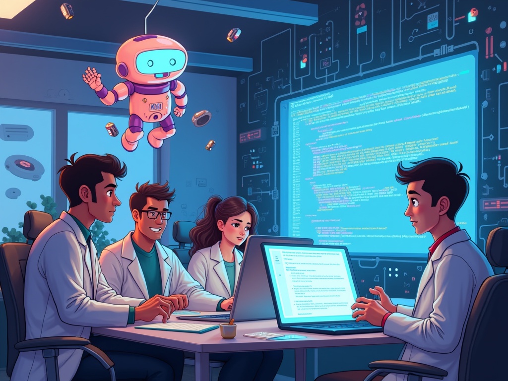 A team of diverse humans examines glowing screens filled with code. They wear oversized lab coats and have intense expressions. An animated AI floats above them, coding on a holographic interface. The office is modern and decorated humorously. The scene contrasts the human effort with machine efficiency, showcasing collaboration in technology.