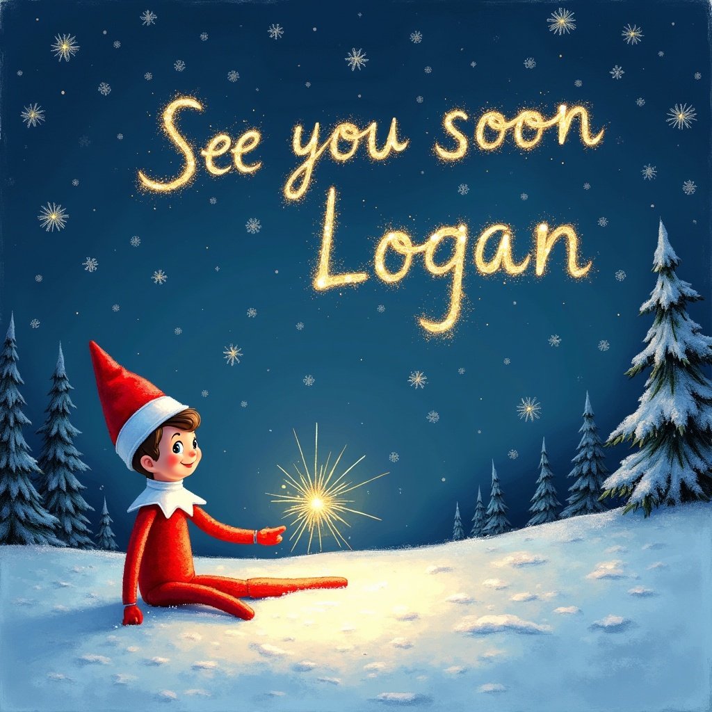 The image features an Elf on the Shelf character sitting in a snowy landscape at night. The elf is wearing traditional red and white attire and gazing at a sparkler in hand. In the starry sky above, the message 'See you soon Logan' is written in sparkling letters. Surrounding the elf are snow-laden trees, adding to the cozy winter atmosphere. The snow glistens under the soft glow of the sparkler, creating a magical scene perfect for the holiday season.