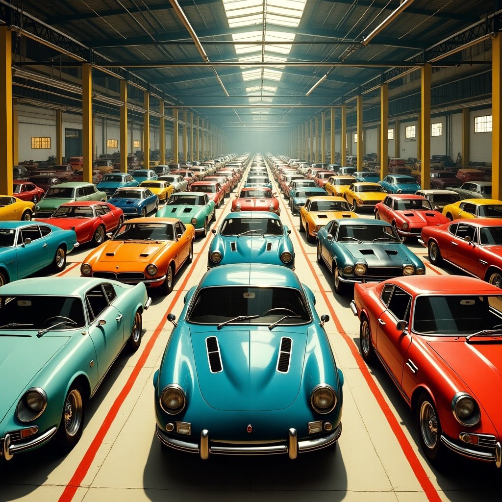 Car assembly line in a factory filled with colorful cars. Vintage and modern designs are showcased. Photographed from a wide-angle perspective. Bright lighting highlights the scene. Inspiration drawn from Giorgio de Chirico and Autechre.