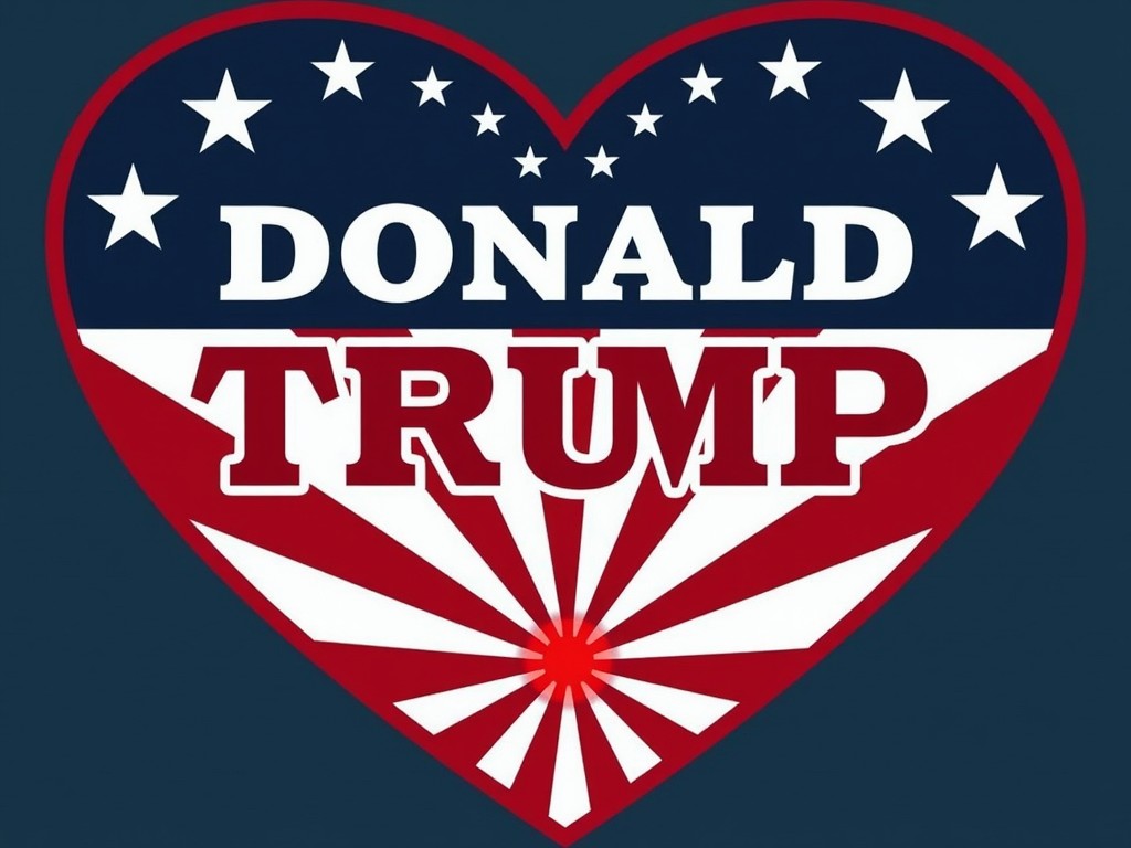 The image features a heart-shaped emblem filled with patriotic American colors and symbols. The upper half of the heart is decorated with white stars set against a blue background, creating a nod to the American flag. Below, red and white rays emerge from the bottom, resembling a sunburst design. The words 'DONALD TRUMP' are prominently placed across the center, combining political iconography with national symbolism.