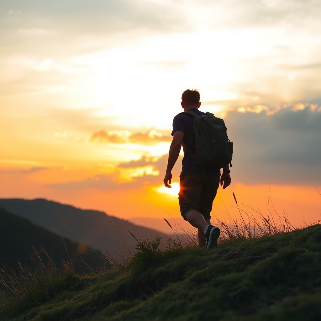 A lone traveler hiking at sunset on a scenic mountain path.