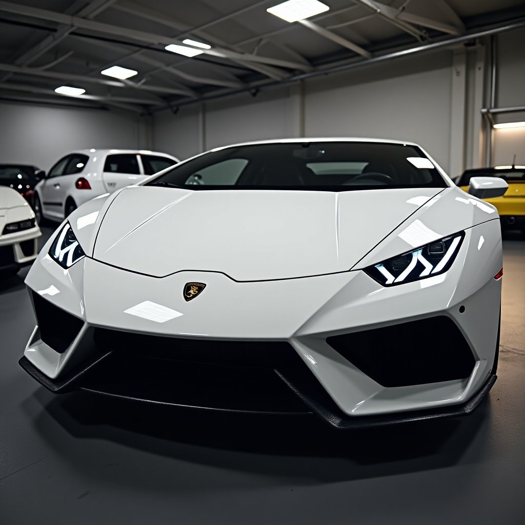 A sleek white sports car with distinctive headlights parked inside a well-lit garage.