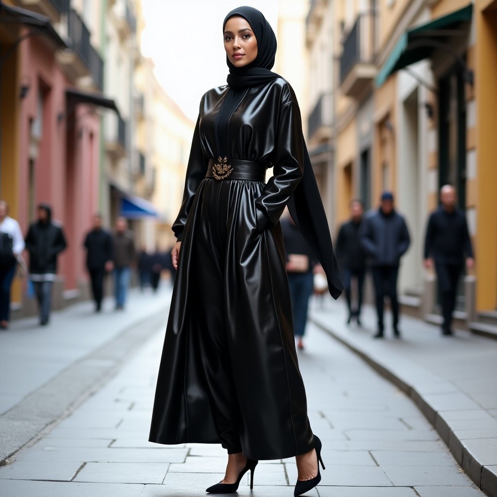 Muslim woman dressed in a stylish latex jilbab and hijab. She wears high heels and stands confidently on a city street. The image captures the modern blend of modesty and contemporary fashion.