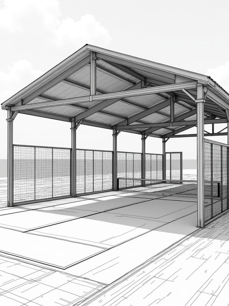 Prepare a technical drawing for a standard pickleball court. Include metal roofing and steel structural supports. Highlight all dimensions clearly. Focus on steel structural dimensions and sizes. Include details on steel structural connections. Utilize the metric system for measurements.