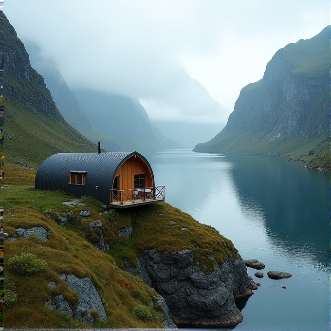 A cozy cabin perched on a grassy cliff overlooks a tranquil fjord flanked by steep, misty mountains.