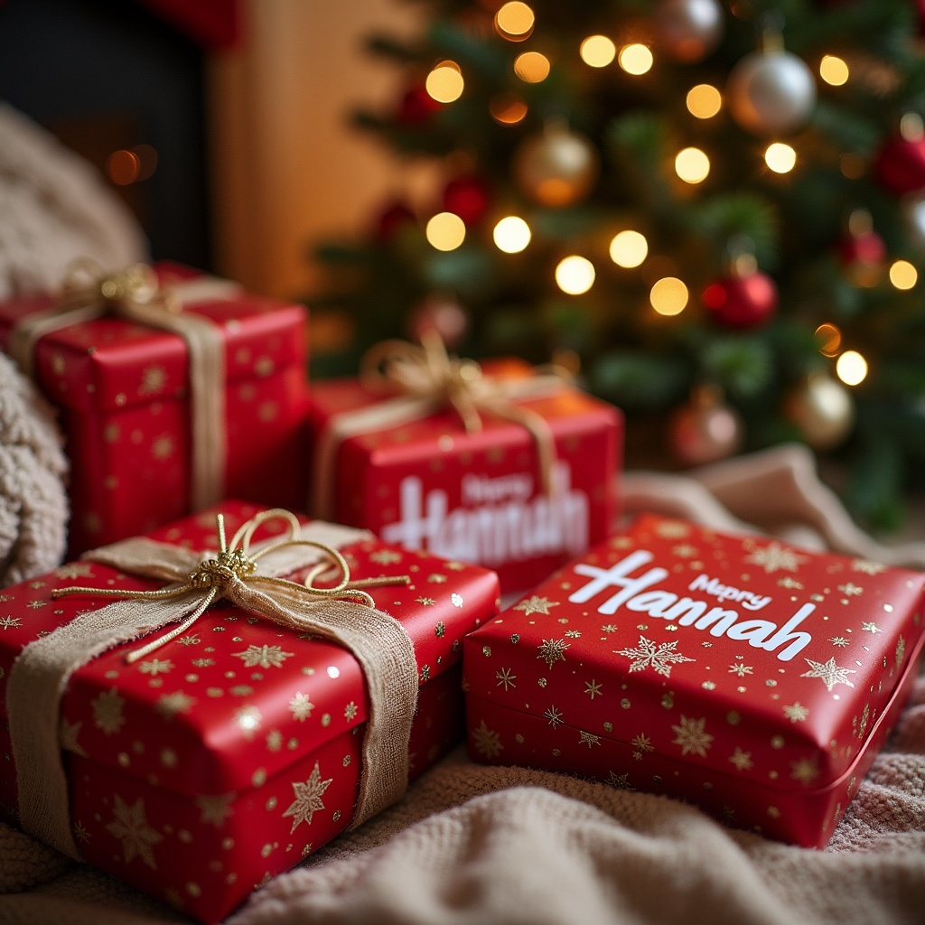 This is an image of beautifully wrapped Christmas presents under a tree. The presents are predominantly red with gold wrapping and feature festive designs. One of the boxes has the name 'Hannah' boldly displayed on it. The background is softly blurred, revealing a decorated Christmas tree with sparkling lights. The scene evokes a cozy, festive atmosphere, perfect for the holiday season.