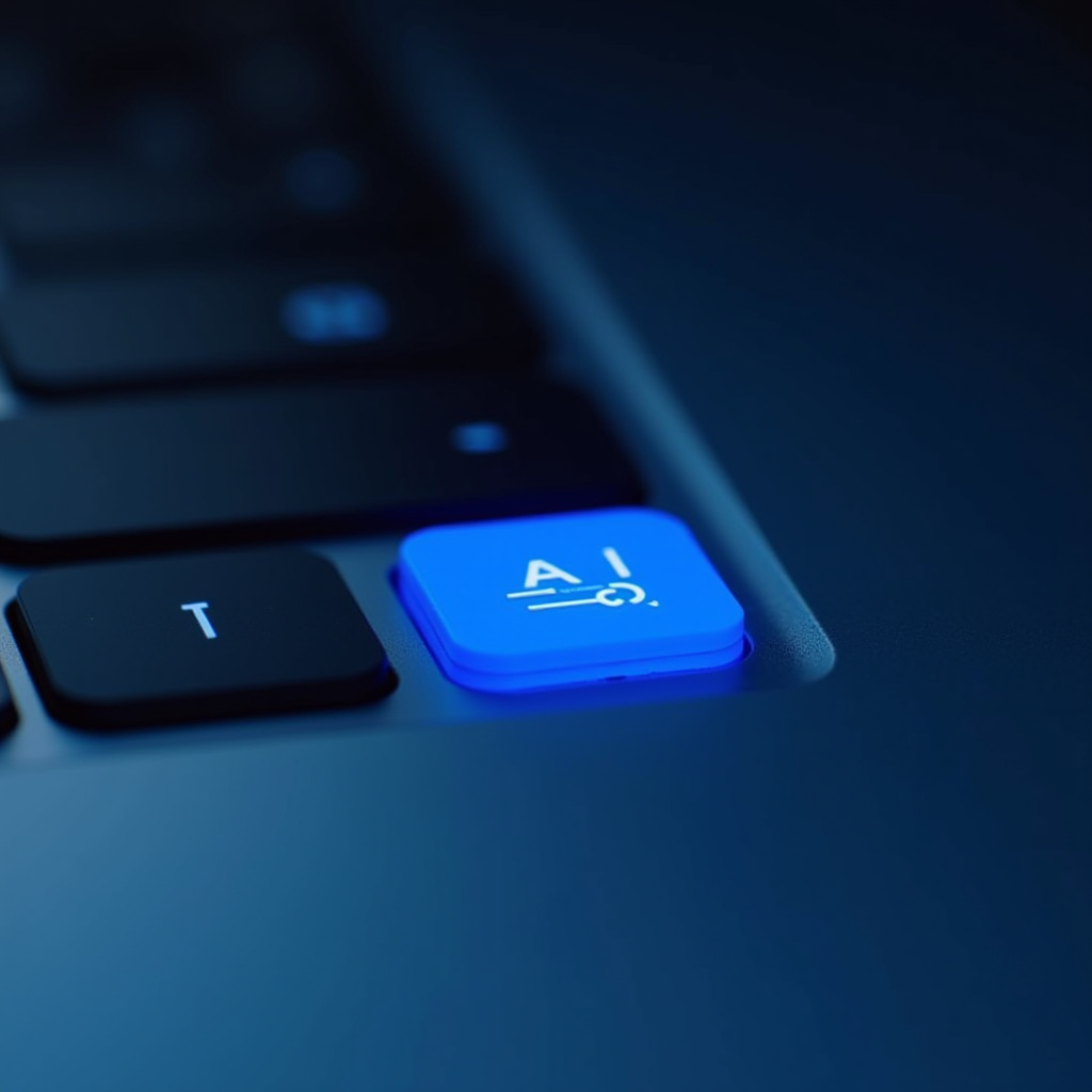 The image features a close-up of a computer keyboard, focusing on a distinctive key with a bright blue backlight. The key prominently displays the letters 'AI' in white, indicating a functionality related to artificial intelligence. The surrounding keys are dark with subtle illumination, providing a contrast that emphasizes the blue AI key. The lighting and focus give the scene a futuristic and tech-savvy ambiance, highlighting the modernization and integration of AI in everyday technology.