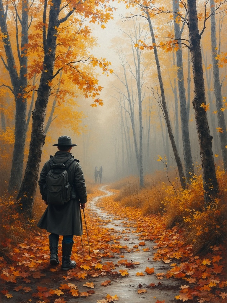 Oil sketch depicting a tranquil scene in autumn with vibrant yellow and orange leaves. A solitary figure stands on a winding path lined with fallen leaves. Fog envelops the forest, creating a serene yet nostalgic atmosphere. Two distant figures are faintly visible in the background, enhancing the sense of solitude. The scene evokes reflections of historical changes and transitions, particularly during the fall of the USSR.