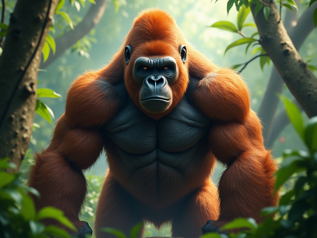 This image features a powerful, muscular gorilla depicted in a jungle setting. The gorilla has a strong physique with noticeable muscle definition and a fierce expression. Its fur is fluffy and rich in orange and brown tones, contrasting with the green foliage of the jungle. The background is filled with lush greenery, enhancing the wild atmosphere. The lighting is soft, casting a dramatic effect on the gorilla, making it appear formidable and larger than life.