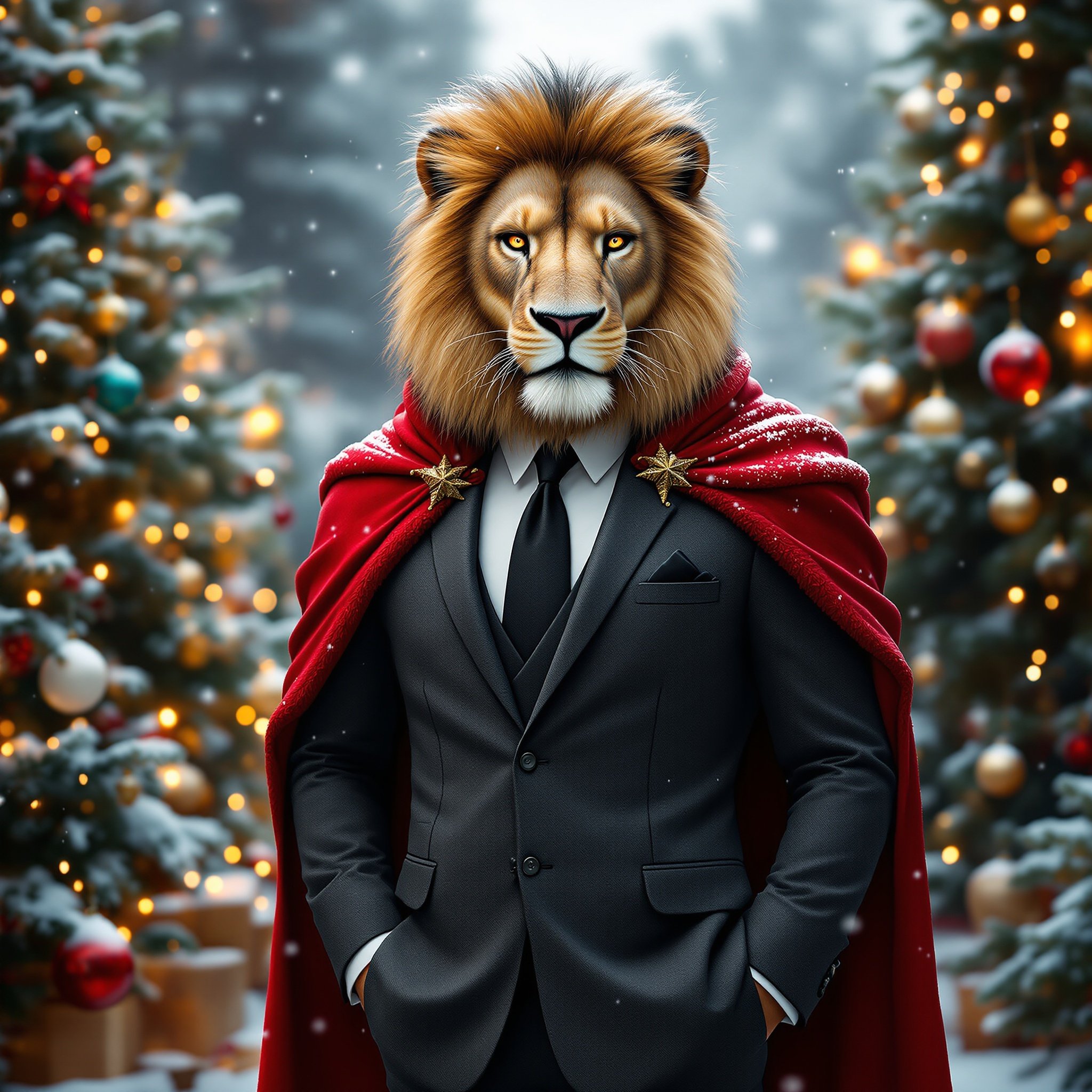 Lion-headed figure stands confidently in charcoal suit with white shirt and black tie. He wears a red Santa cloak. Snowflakes dust the lion's mane. Christmas trees with ornaments and lights surround him. The scene conveys holiday sophistication.