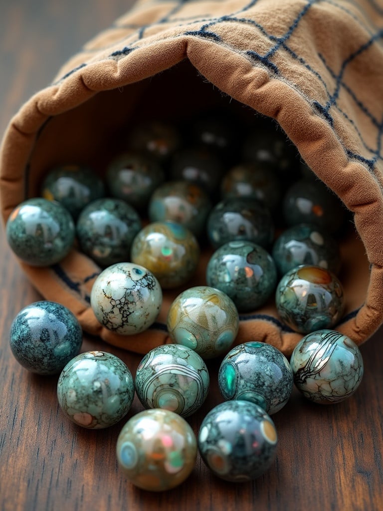 A top-down view of round marbles made of abalone. The marbles have thin stripe inlays of sterling silver. They are spilling out of a pliable sack made of patchwork leather. The image captures the colors and textures of the marbles. Shot with a Hasselblad camera, demonstrating professional quality.