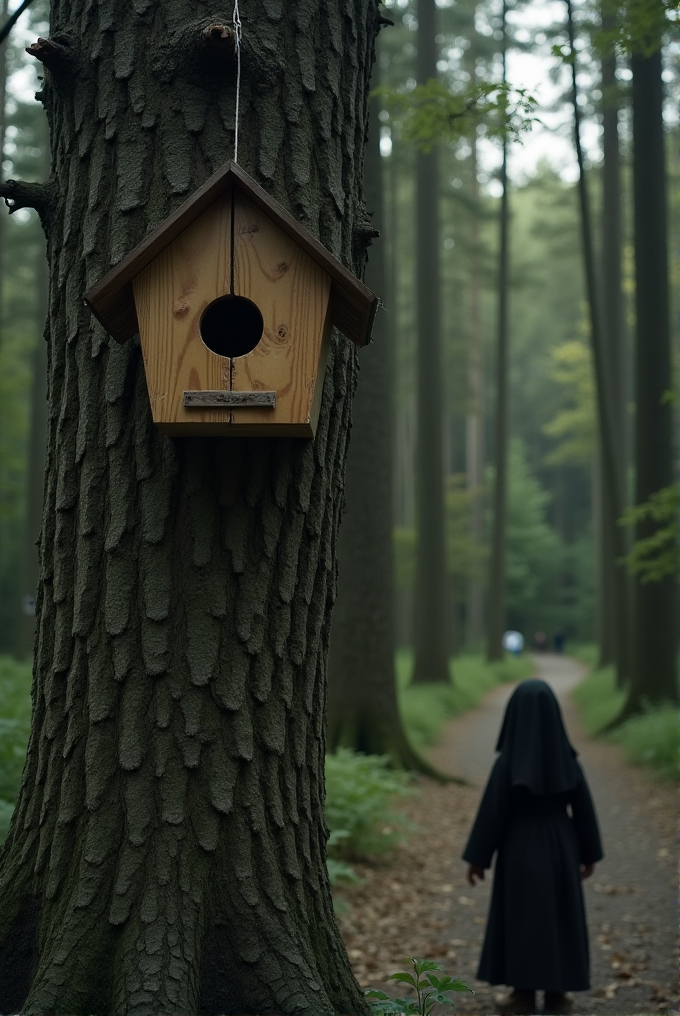 A wooden birdhouse is attached to a tree in a serene forest, with a figure in dark clothing walking along the path.