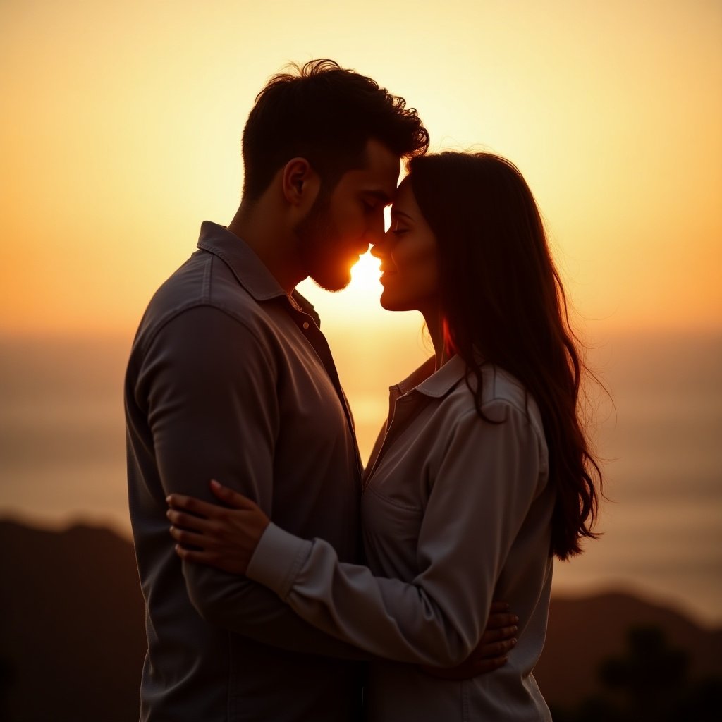 Couple in a loving embrace sharing a forehead kiss during sunset. Dark silhouettes highlight affection. Soft light creating a romantic atmosphere.