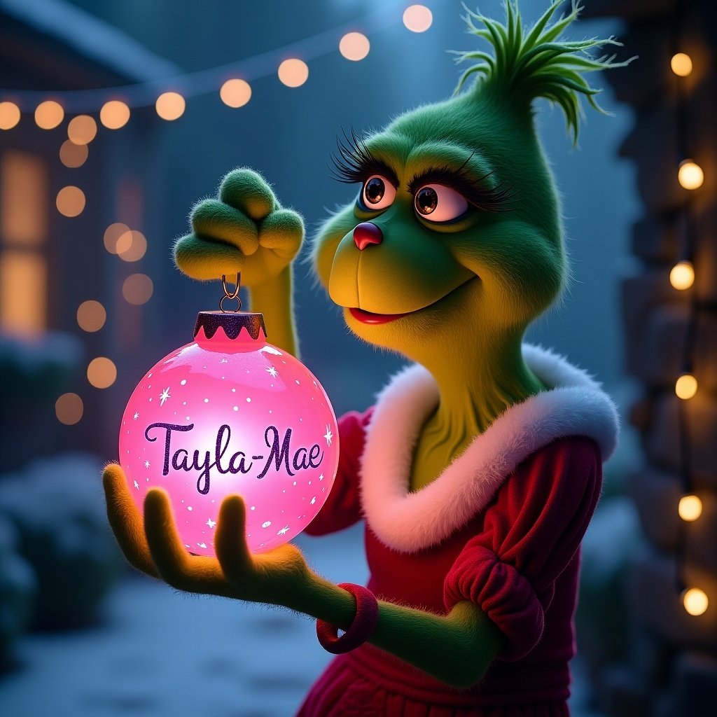 A night garden with The Grinch holding a pink Christmas bauble with the name Tayla-Mae in purple glitter. Twinkling Christmas lights create a magical atmosphere.