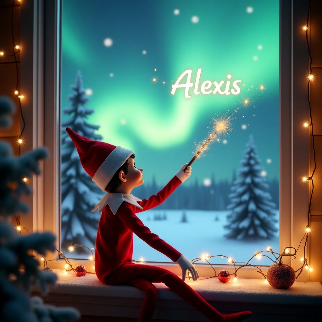 The image features an adorable elf on the shelf sitting on a window ledge, with his back turned to the viewer. He is using a magical wand to create twinkling sparks while looking up at a stunning display of northern lights. The background is set in a winter wonderland, filled with snow-covered pine trees, conjuring a festive holiday feel. Dressed in a vibrant red outfit with white trim, the elf embodies the Christmas spirit. The scene is illuminated by the enchanting colors of the aurora borealis, enhancing the magical ambiance.