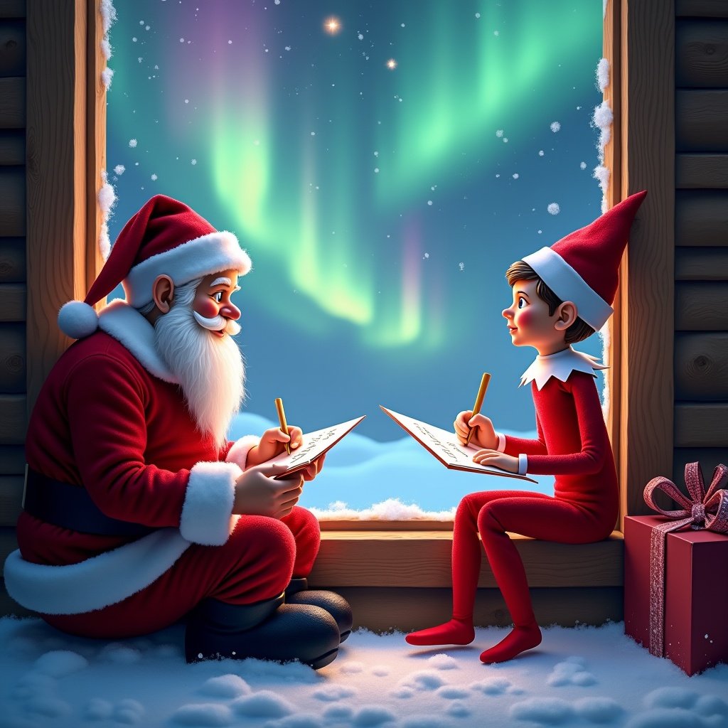 The image features Santa Claus and an elf sitting by a window in a cozy cabin, preparing for Christmas. They are intently writing notes, showcasing their excitement for the festive season. Outside, the sky is illuminated by vibrant northern lights, adding magic to the scene. The cabin is adorned with snow, creating a winter wonderland effect. The elves, dressed in classic red and white, exhibit eager expressions, enhancing the sense of joy and anticipation for the holidays.