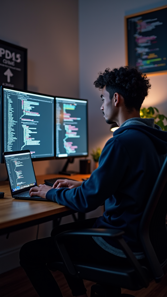 A person is intensely working on a laptop and multiple monitors showing code in a modern, organized workspace.