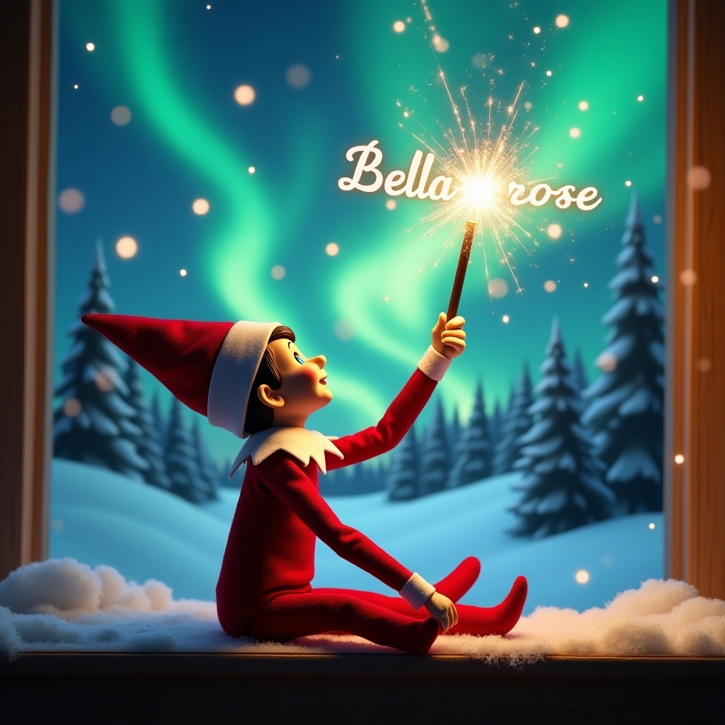 An elf on the shelf admires northern lights. It holds a bright wand that sparkles. The background features a snowy landscape with trees and colorful lights. The elf poses playfully, channeling holiday magic. The name Bella-rose appears in the air from the wand's glow.