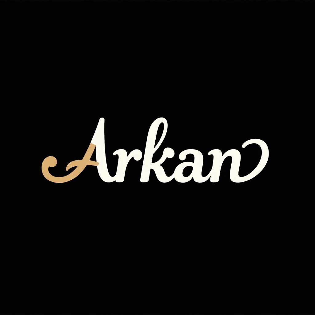 Logo design features the text Arkan in a bold, elegant script font. Colors include white, light blue, and gold. Background is black.