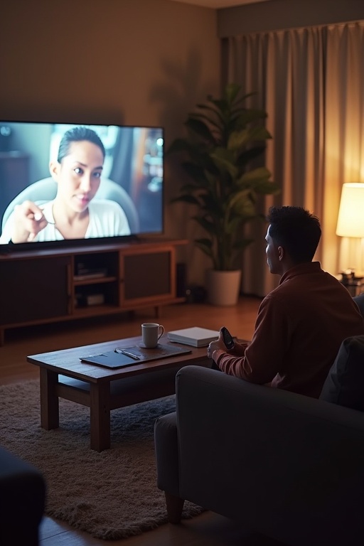 A man sitting comfortably on a sofa in a cozy living room. He is watching a television. The atmosphere is warm and inviting with soft lighting. A coffee table in front holds a mug and some books. Indoor plants decorate the room. The TV screen displays a conversation.