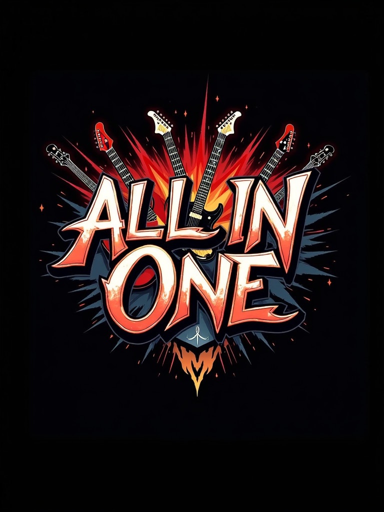 Logo design for a rock band named All In One. Features bold typography. Background designed to be explosive. Illustrations of multiple guitars. Set against a black backdrop with vibrant hues.