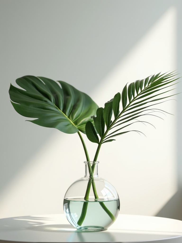 A clear glass vase with water holds two green leaves on a white, sunlit surface.