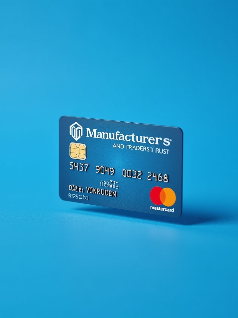 Realistic image of a credit card shows Mastercard logo and Manufacturers and Traders Trust. Card number 5437 9949 0032 2468 is visible. Name Terrell VonRueden is presented clearly. Expiry date 09/28 is displayed. Blue background enhances clean appearance.