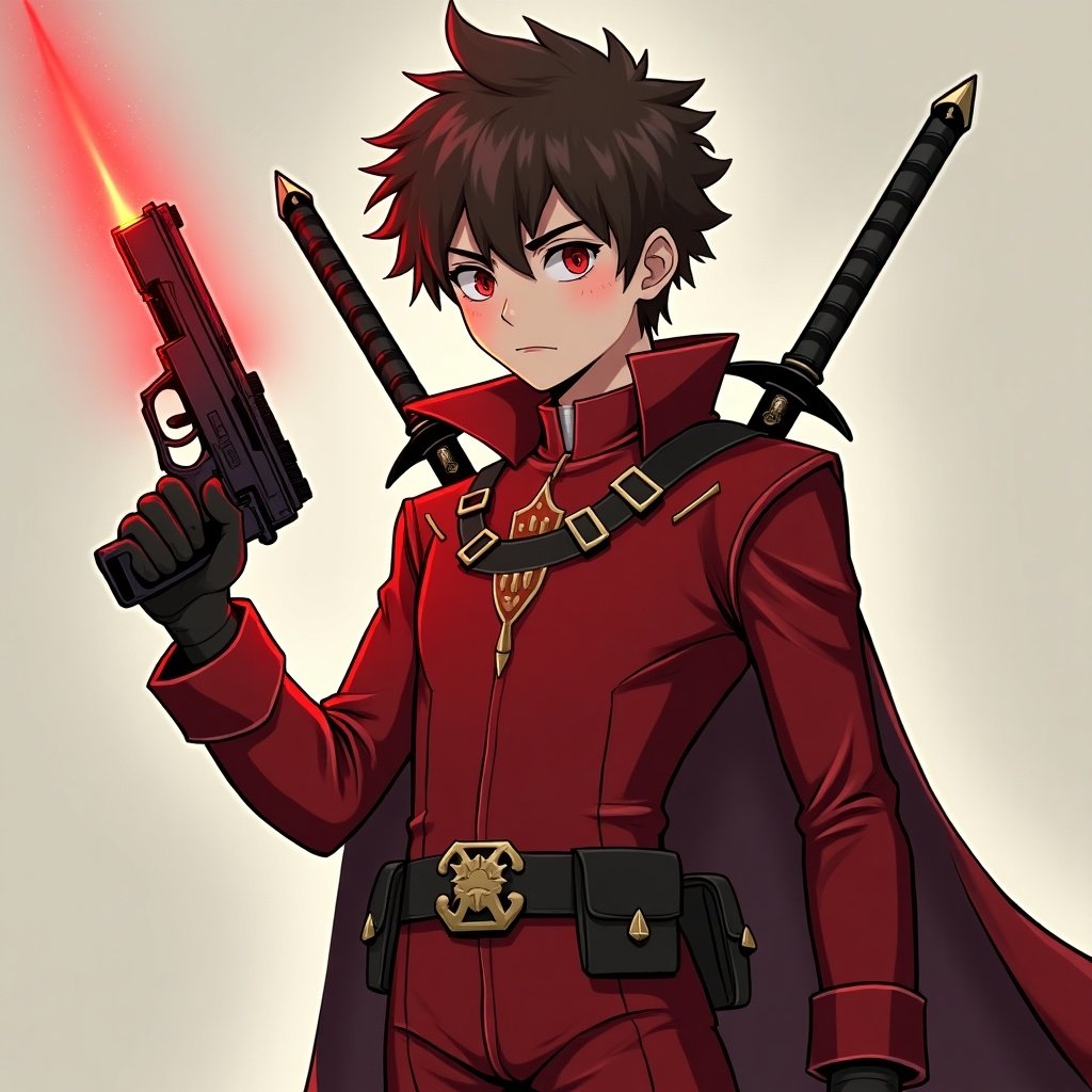 This image features a teenage boy character inspired by anime aesthetics. He has spiky brown hair and striking heterochromia, with one eye red and the other white, showcasing a pronounced scar. Dressed in a striking red suit, he stands confidently, holding a glowing red pistol in one hand. Behind him, two crossed swords are sheathed, hinting at his combat prowess. The character exudes a sense of determination, fueled by his love for his sister and his commitment to protect her.