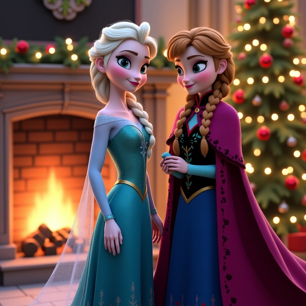 Elsa stands next to a fireplace, dressed in a winter Christmas outfit. Anna stands beside a Christmas tree, dressed in a winter outfit. Background features Christmas trees, fireplace, and soft lights. Christmas tree has red ornaments.