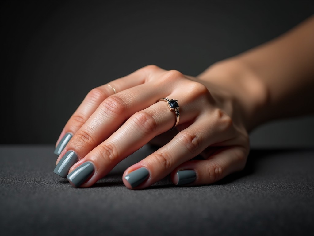 A close-up image of a woman's hand with a dark blue nail polish displaying an elegant ring with a dark gemstone against a grey backdrop.