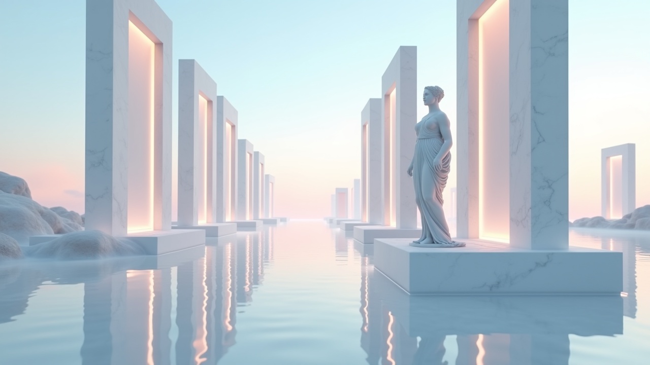 The image features a serene landscape where a marble statue stands elegantly on a raised platform amidst an ethereal water body. Surrounding the statue are tall, rectangular pillars made of a marble-like material, radiating a warm, soft glow. The overall color scheme is pastel, with hues of pink and blue blending into a tranquil sky. The reflective surface of the water adds a dreamy effect, enhancing the contemplative atmosphere. This composition evokes a sense of calm and beauty, inviting viewers to explore a fantastical realm.