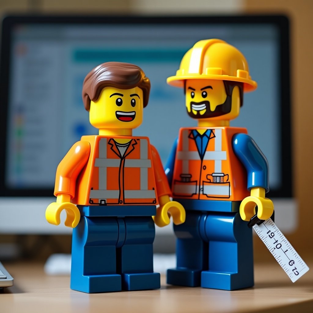 LEGO figures stand beside a computer. One figure holds a slide rule. Bright colored construction outfits.