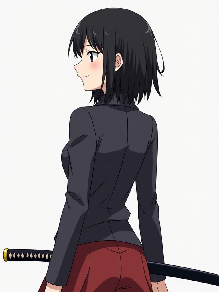 Anime girl with black hair. She has a sheathed sword at her left hip. Left hand gripping the hilt. Right hand bent at the elbow. Eyes looking to the right but facing forward.