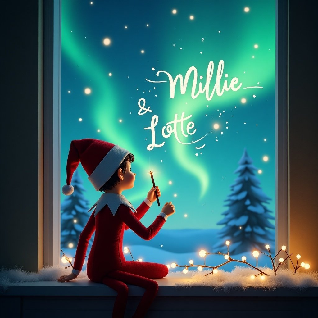 Elf on the shelf character facing the night sky. Using a wand to write names Millie and Lottie. Magical Christmas background with northern lights and a cozy atmosphere.