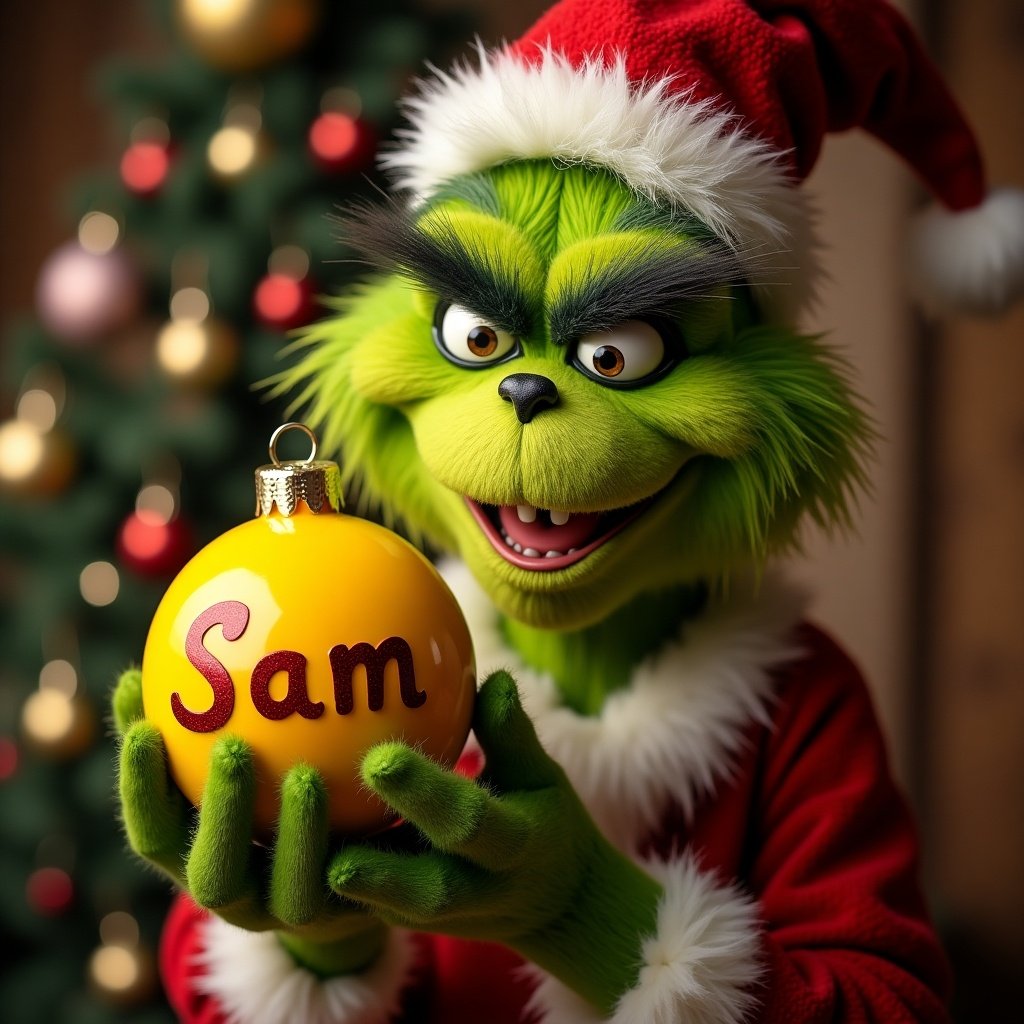 Grinch holds a yellow Christmas ornament with the name Sam. Christmas tree is in the background. Grinch wears a red Santa hat and a red suit. Focus on the ornament and character's whimsical expression.