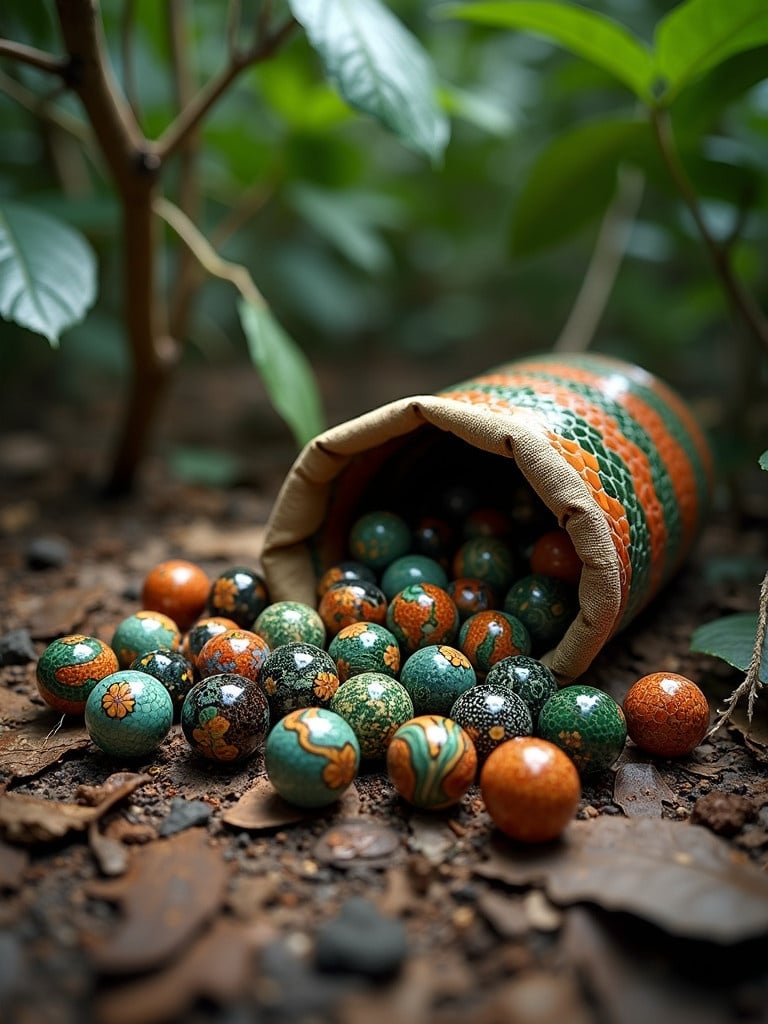 Hyper-realistic round marbles crafted from African Bush Viper Snake skin spill from a worn sack made of colorful snakeskin scraps. The scene captures a forest floor reminiscent of the Amazon jungle with scattered leaves and natural elements.