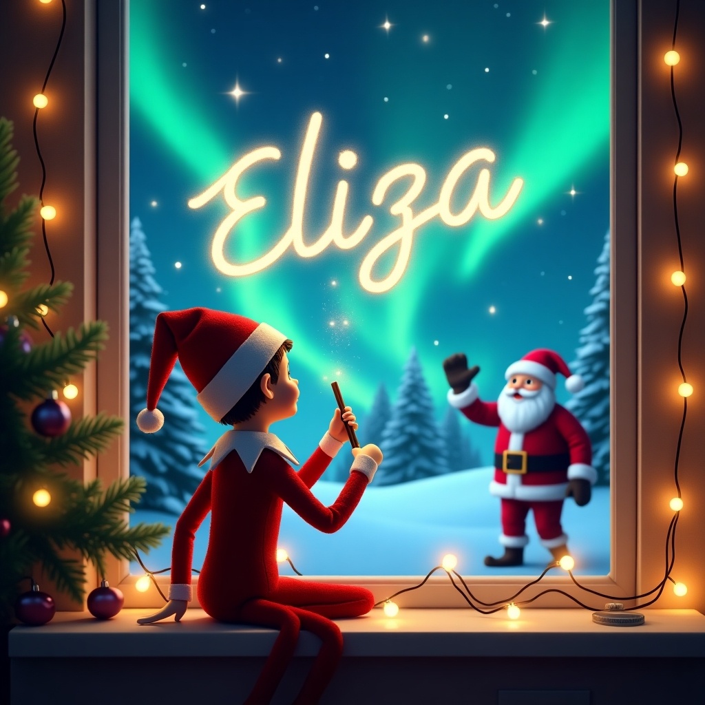 The image depicts an elf on the shelf with his back turned, seated by a window. He is gazing up at the sky, using a wand to magically write the name 'Eliza' in bright, swirling letters. Outside the window, a magical Christmas scene unfolds featuring vibrant northern lights illuminating the night sky. In the background, Santa Claus waves cheerfully, surrounded by a snowy landscape and evergreen trees. The room is softly decorated with twinkling lights, enhancing the festive atmosphere of the scene.