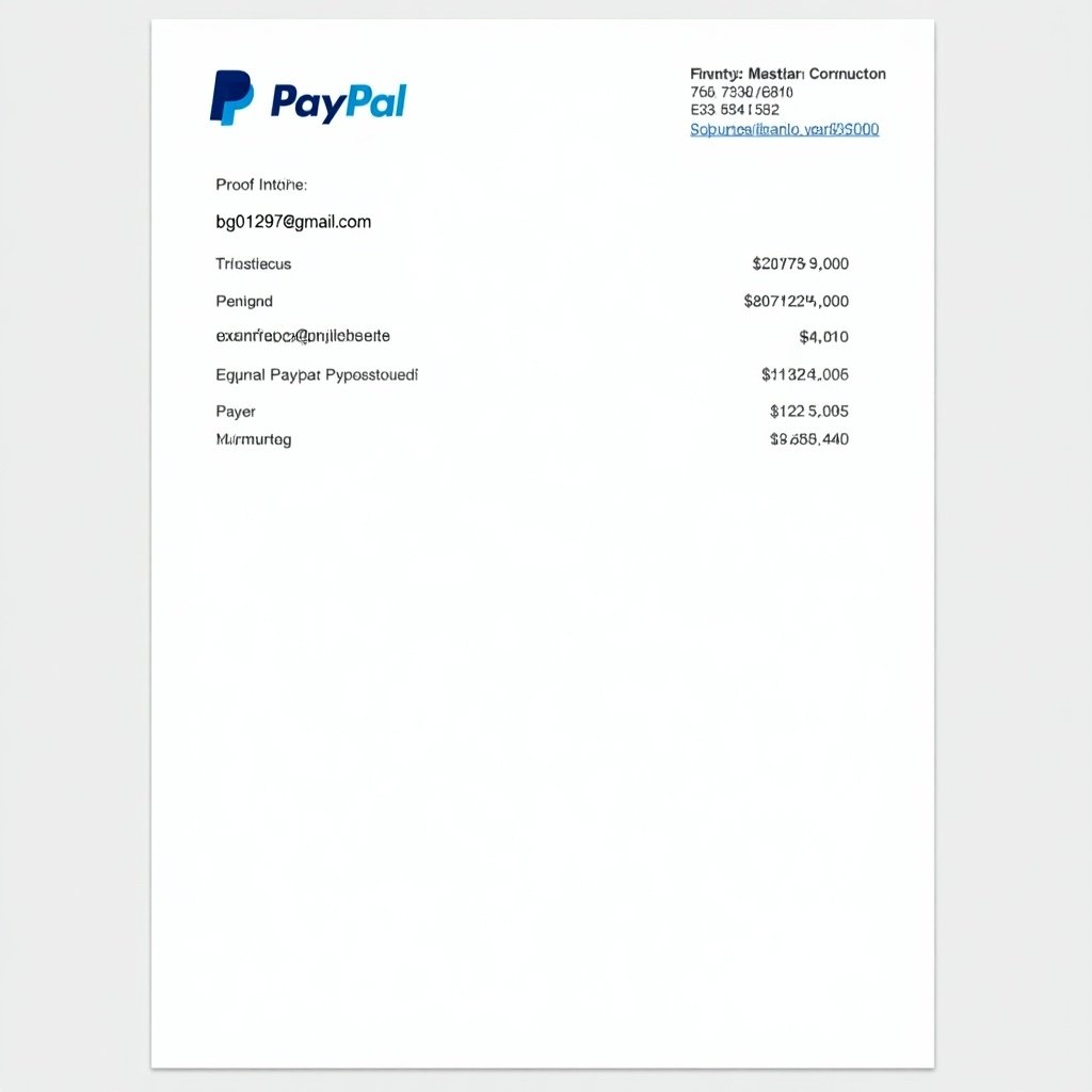 This image depicts a PayPal payment receipt with a proof of payment for 2000 to the email bg071297@gmail.com. The document has a clean design with a prominent PayPal logo at the top. It lists various details such as the payer's name and email, transaction amount, and transaction number.