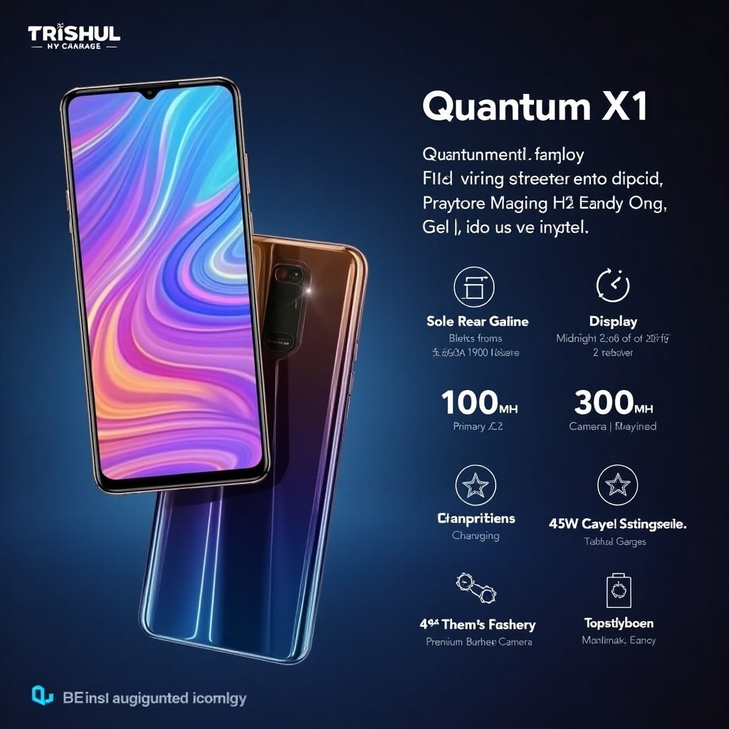 Trishul Quantum X1 smartphone showcase with specifications and features displayed. Stylish angles showcasing design.