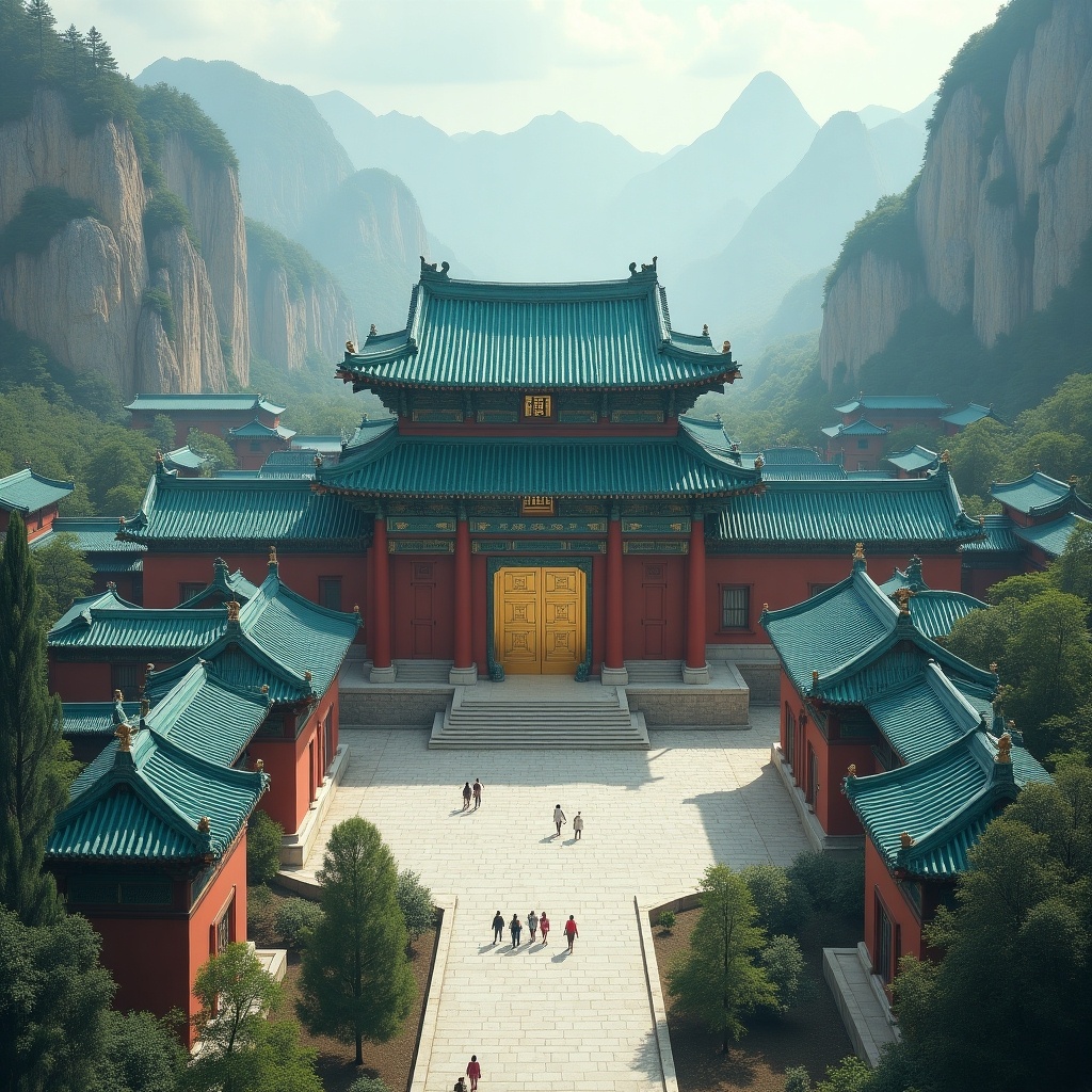 The image depicts a stunning Chinese temple with a distinctive turquoise roof, situated in a tranquil mountainous environment. The entrance features a large golden gate that leads into a spacious courtyard, surrounded by intricately designed wooden structures. Grey jagged mountains create a dramatic backdrop, enhancing the beauty of the scene. Small groups of people populate the courtyard, showing that the area is inhabited on many levels. Lush greenery complements the perimeter walls, adding depth to the intricate environment.