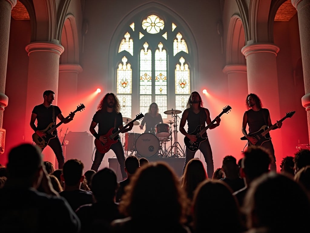 The image captures a high-energy concert scene. A rock band is performing on stage, with five musicians prominently featured. The backdrop features stained glass windows that enhance the gothic atmosphere. The lighting is intense, casting red hues over the performers. The audience is visible in the foreground, engaged and enjoying the performance.