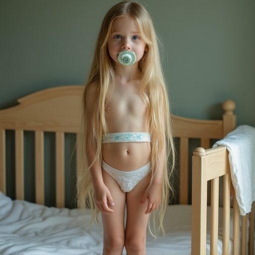 Seven year old girl stands in a crib. She has long blond hair and emerald green eyes. She wears underwear and a crop top shirt. A pacifier is in her mouth.