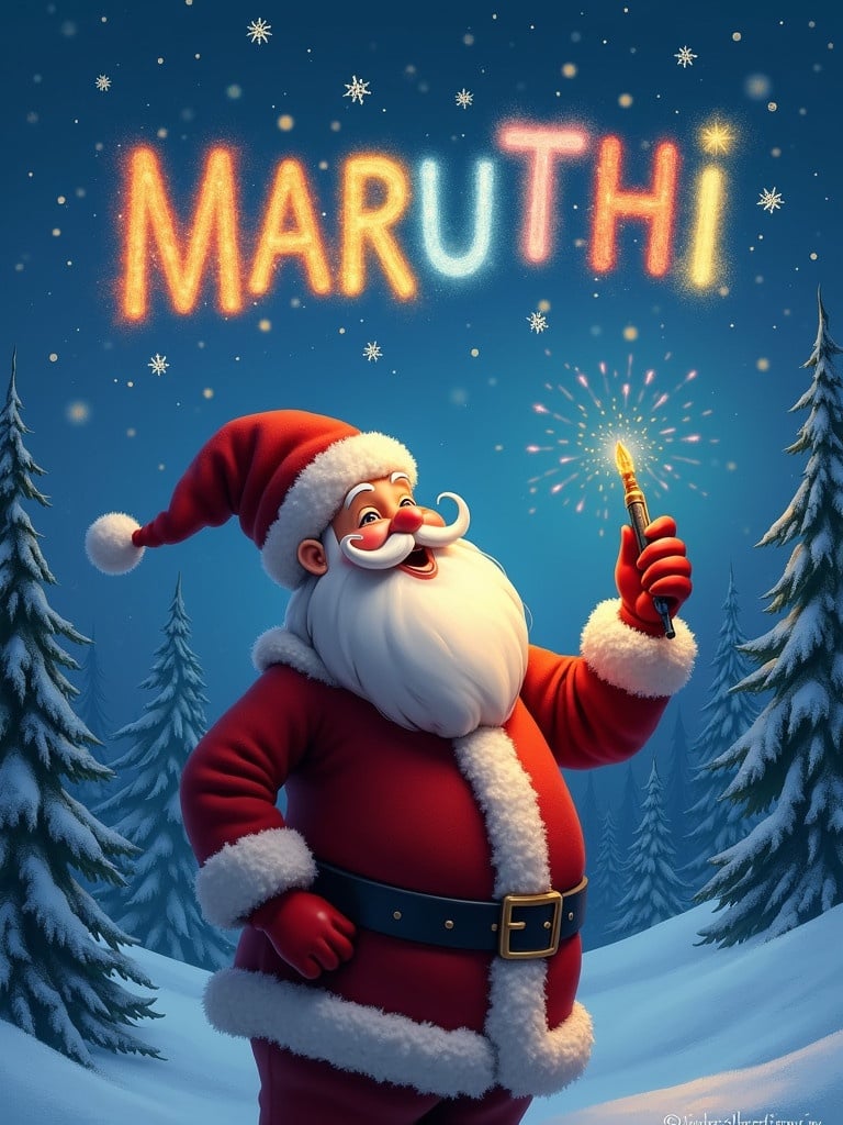 Santa Claus holds a glowing pen writing in the sky. Colorful letters spell MARUTHI. Snowy forest backdrop. Magical atmosphere.